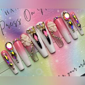Extra long coffin press on nails white ombré acrylic flowers rhinestones
